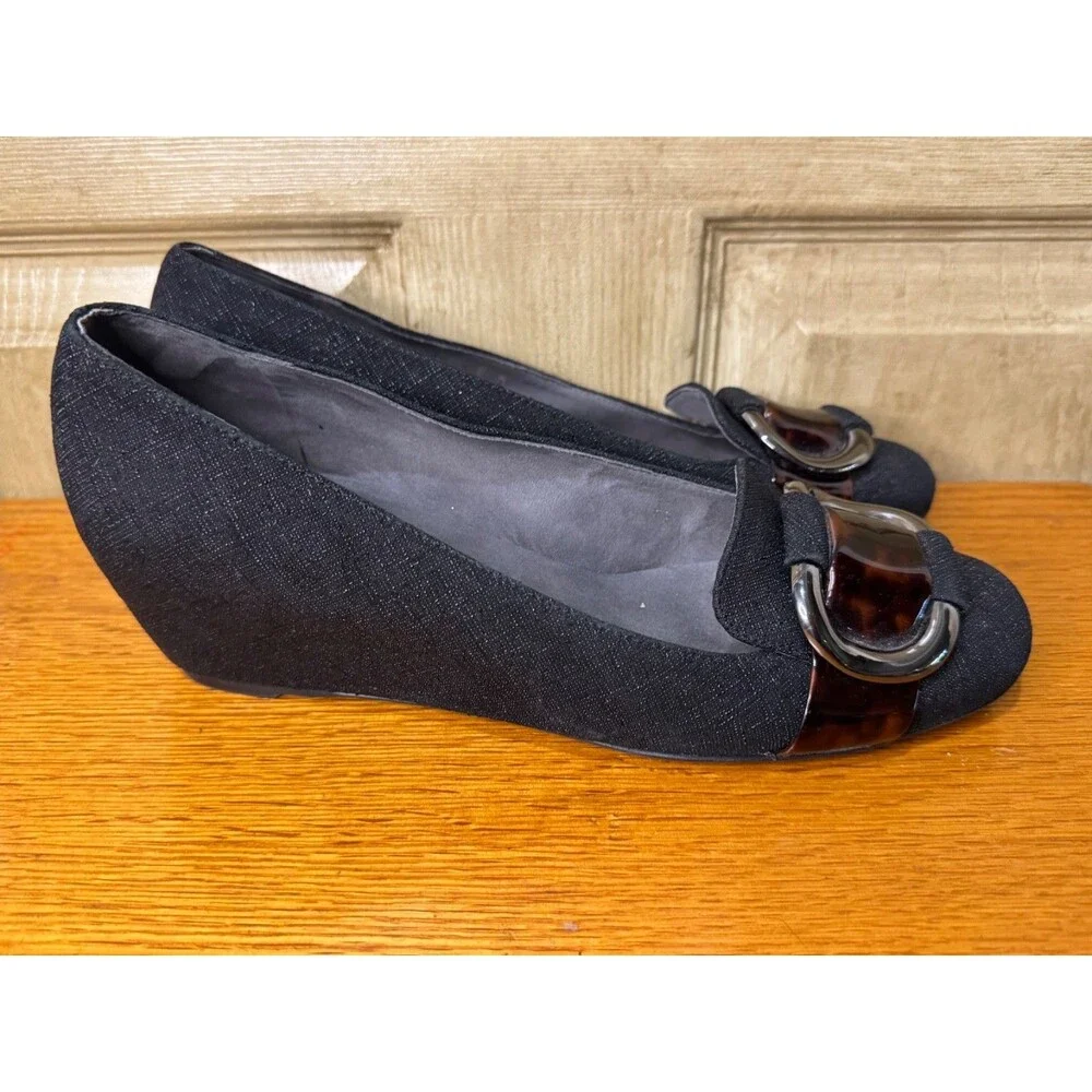 Stuart Weitzman Black Textured Fabric Wedge Ballet Pumps w Buckle Bling 8M
